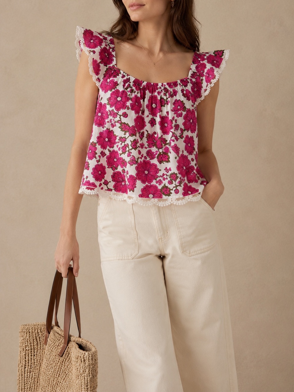 Jennifer & Grace Floral Crochet Trim Peasant Top Pink White Cotton S Boho